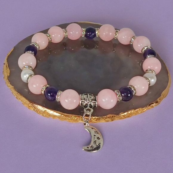 Morganite Amethyst Pearl Bracelet with Crescent Moon Charm Coquette Ballatecore - Picture 1 of 14